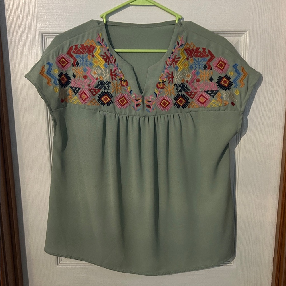 SHEIN Green Embroidered Blouse
